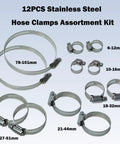 Heavy Duty Stainless Steel Hose Clamps Assortment Kit With Adjustable Worm Gear Band For Garden And Auto Radiator Pipes 6 To 101mm Silver, 12 sizes