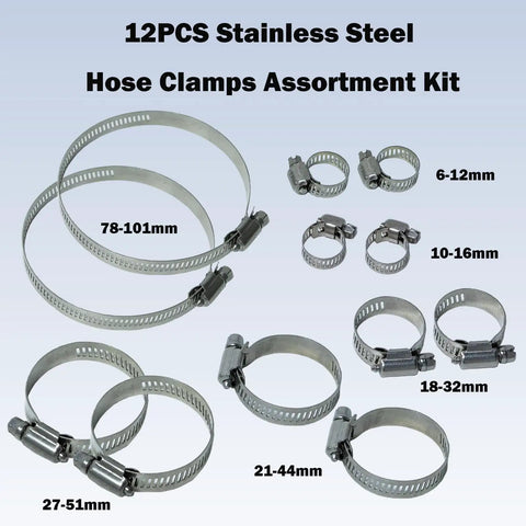 Heavy Duty Stainless Steel Hose Clamps Assortment Kit With Adjustable Worm Gear Band For Garden And Auto Radiator Pipes 6 To 101mm Silver, 12 sizes