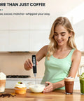 Woman using Handheld Rechargeable Milk Frother Wand With Detachable 3 Stainless Whisks, Three Speed Electric Whisk for frothing milk