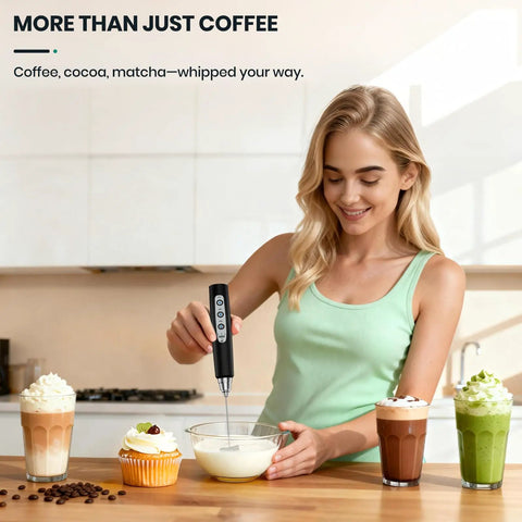 Woman using Handheld Rechargeable Milk Frother Wand With Detachable 3 Stainless Whisks, Three Speed Electric Whisk for frothing milk