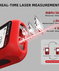 Portable Laser Tape Measure With 98 Ft Range And 8 In 1 Modes For Length Area Volume And Pythagorean Calculations IP65 Waterproof Rechargeable Real Time Laser Measurement Tool red front view with benchmark switching and laser beam