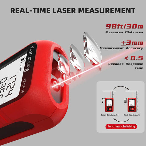 Portable Laser Tape Measure With 98 Ft Range And 8 In 1 Modes For Length Area Volume And Pythagorean Calculations IP65 Waterproof Rechargeable Real Time Laser Measurement Tool red front view with benchmark switching and laser beam