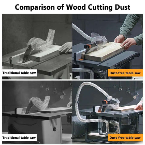 Comparison of wood cutting dust using Heavy Duty Bench Mounted Circular Saw Featuring Knockout Precision Crosscut Gauge Side Extension And Smart Dust Pickup.