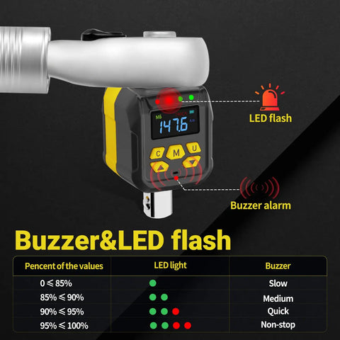 Half Inch Drive Digital Torque Adapter With Buzzer And LED Indicator For Boss Level Precision, 7.5 To 147.5 Foot Pounds Or 10 To 200 Newton Meters, Converts To Quarter And Three Eighth Inch Adapters, Includes Calibration Certificate displaying buzzer and LED flash indicators.