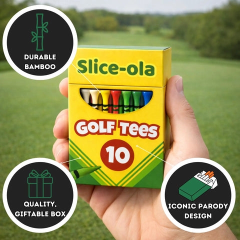 Hand holding Funny Golf Tees For Men 10 Pack Bamboo Wooden Tees Lit Gift Set in hilarious parody packaging on golf course