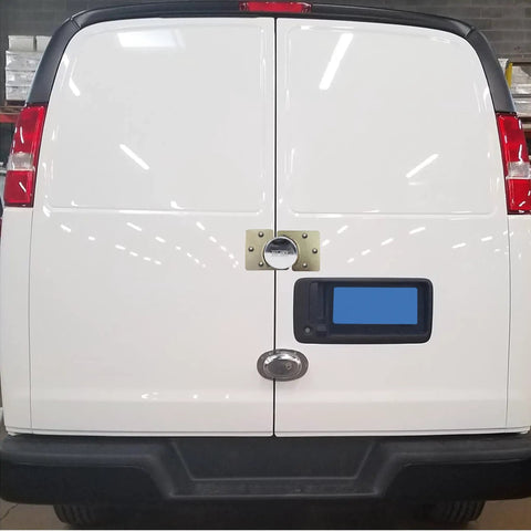 Van rear doors secured with Heavy Duty Hidden Shackle Padlock For Trailers And Pucks Solid Steel Lock With Weatherproof Chrome Finish.