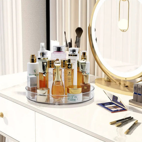 Clear Acrylic 11 Inch Lazy Susan Organizer With A Super Smooth 360 Spin That Makes Taming Kitchen Clutter An Absolute Game Changer For Pantries And Fridge Storage featuring beauty products on a vanity.