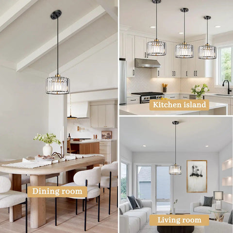 Total Glow Up Modern Crystal Pendant Lights For Kitchen Island In Sleek Black And Gold, showing dining room and kitchen island settings.