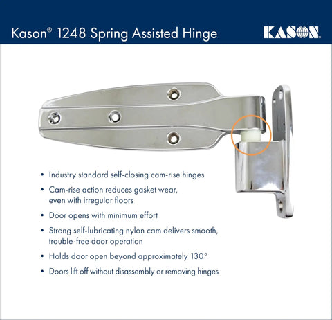 Built Tough Spring Assisted Hinge Pack Of Two With Flush Offset Design And High Lift Cam Kills Air Resistance On Heavy Walk In Doors showing chrome finish and cam-rise technology.