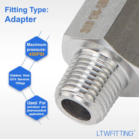 Close-up of Stainless Steel 316 Pipe Fitting Adapter One Quarter Inch Female To One Eighth Inch Male NPT For Air Water Fuel Lines