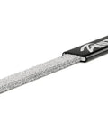 Six Inch Flat Hand Rasp With Tungsten Carbide Coating, Coarse Grit For Rapid Woodworking Stock Removal, ergonomic handle shown in detail.