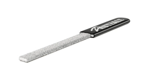 Six Inch Flat Hand Rasp With Tungsten Carbide Coating, Coarse Grit For Rapid Woodworking Stock Removal, ergonomic handle shown in detail.