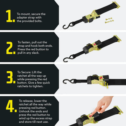 Heavy Duty Retractable Ratchet Straps For E Track And Bolt On Mounting Pack Of 2 1 Inch By 6 Feet 4000 Lbs Break Strength instructions
