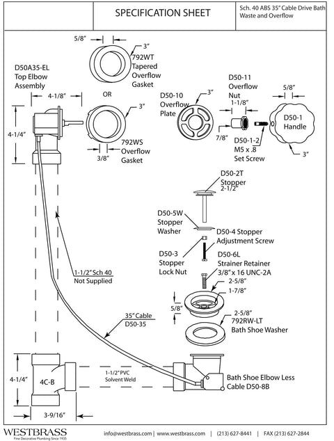 Heavy Duty Abs Bath Drain Trim Kit Featuring Cable Driven Pop Up Stopper With Rotary Overflow Knob specifications diagram including components and dimensions.