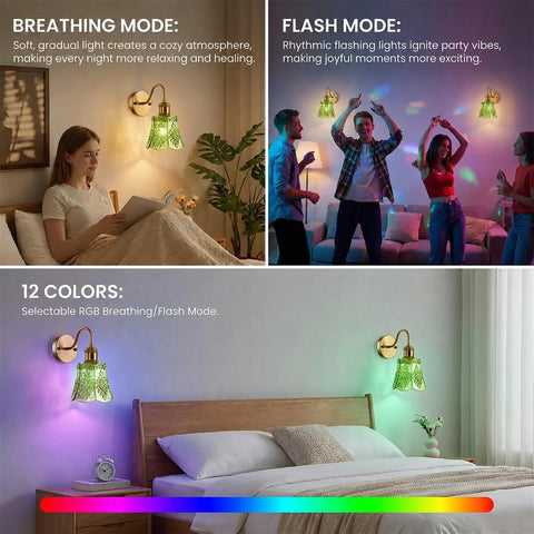 YUNICE Rechargeable Wall Sconces Set of 1 Battery Operated Wall Sconce with Remote Control Dimmable Cordless Wall Lamp with Green Glass Lampshade Antique Brass Wall Lights for Bedroom Living Room in various lighting modes.