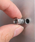50 Pack M6 Stainless Steel Rivet Nuts Kit With Knurled Threaded Inserts And Flat Head For Vibration-Resistant Fastening, Rapid Assembly, Ideal For Furniture Repair And Thin Metal Sheets, installed in metal sheet