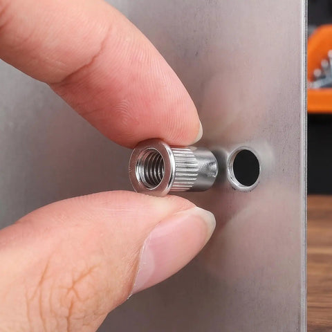 50 Pack M6 Stainless Steel Rivet Nuts Kit With Knurled Threaded Inserts And Flat Head For Vibration-Resistant Fastening, Rapid Assembly, Ideal For Furniture Repair And Thin Metal Sheets, installed in metal sheet