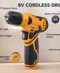 All In One 8V Cordless Drill Tool Set With 132 Piece Box Yellow, For Homeowners And DIYers, LED Light, Lightweight Hand Drill Kit