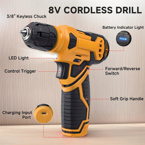All In One 8V Cordless Drill Tool Set With 132 Piece Box Yellow, For Homeowners And DIYers, LED Light, Lightweight Hand Drill Kit