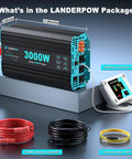 3000W Pure Sine Wave Inverter For RV Truck Solar And Off Grid Power, 12V DC To 120V AC with remote, cables, and power display.
