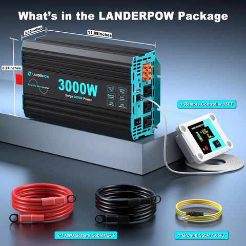 3000W Pure Sine Wave Inverter For RV Truck Solar And Off Grid Power, 12V DC To 120V AC with remote, cables, and power display.