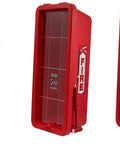 Built Tough Red Steel Wall Cabinet Fits Standard Five Pound Fire Extinguishers with Break Glass Hammer and all-weather lock.