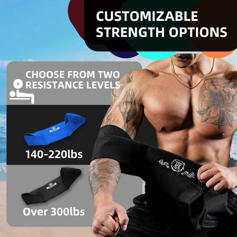 Man demonstrating Sling Bench Press Band For Men And Women Power Weight Lifting Fitness Gear Push Up Assist Strength Training Equipment For Home Gym Adjustable Resistance Band Block with two resistance options.