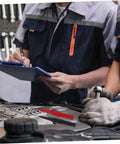 Mechanics using the 16-Piece Automotive Probe Kit For Multimeter Back Probes for car electrical repairs in a garage.