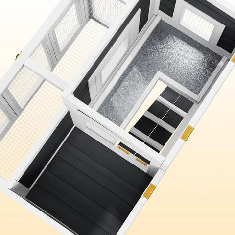 Top view of Outdoor Wooden Chicken Coop For 2 To 4 Chickens With Waterproof Asphalt Roof Easy Ramp Multiple Doors Pull Out Tray