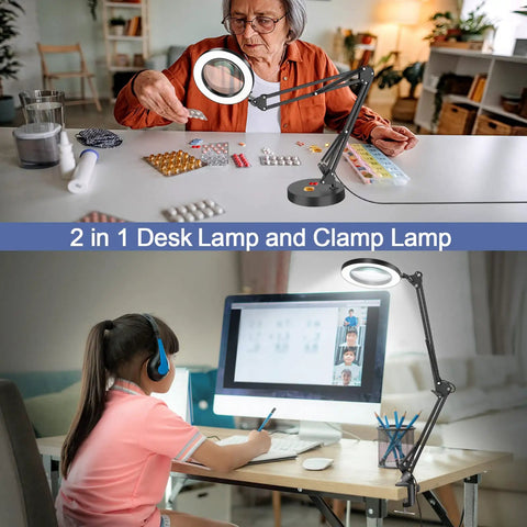 2-In-1 Magnifying Lamp With Light And Clamp Stand, 5X Magnifier illuminating crafting and reading tasks at desk setups.