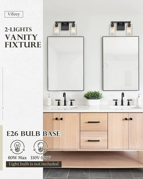 Farmhouse Vanity Light Two Light Fixture With Clear Glass Shades, Sleek Matte Black Wall Mount For Bathroom Over Mirror