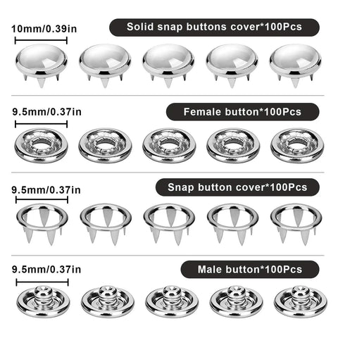 Components of Dope Pearl Snap Button Kit With 400 Pieces And 10 mm Fastener Plier With 5 Prong Fasteners in different sizes.