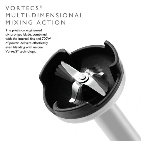 Heavy Hitting Immersion Blender Set With A Versatile Chop Bowl Whisk And Non Drip Measuring Jug Powered By 700W Turbo Motor In Polished Chrome Finish six-pronged blade for efficient blending.