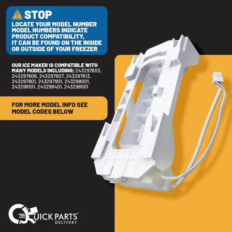 Upgraded Ice Maker Replacement Kit Compatible With Electrolux And Frigidaire Refrigerators, Includes 243297609 And 243297613, Replacement Ice Maker Assembly For FRSS2323AW; white ice mold tray with wiring harness against instruction backdrop.