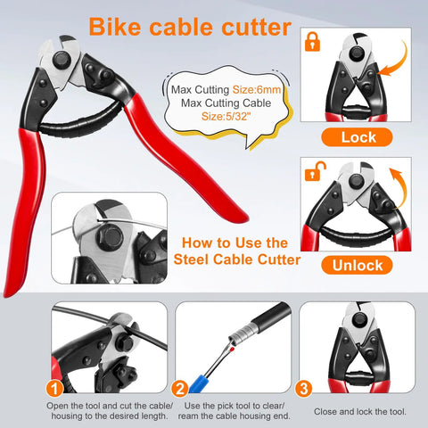 Pro Grade All In One Bike Cable Kit With Stainless Steel Cable Cutter instructions for cutting bike cables.