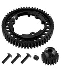 Heavy Duty Traxxas X Maxx gear upgrade kit with 54T spur gear, 18T pinion gear, and installation screws for enhanced RC performance.