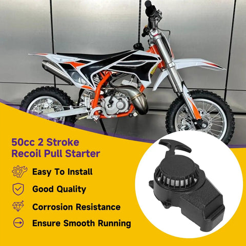 Alloy Recoil Pull Starter For SYX Moto 50cc Dirt Bike And 47cc 49cc 2 Stroke ATVs with aluminum body alongside dirt bike view