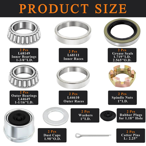 Two-set trailer bearing kit for 3500 lb boat trailer axles, includes inner/outer bearings, races, seals, nuts, dust caps