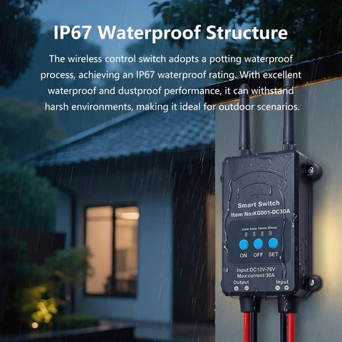 Bluetooth Wireless Remote Control Switch For 12V To 76V DC, 30A Relay Module With Adjustable Delay Timer 5s, 2min, 10min, 30min IP67 Waterproof Remote Relay For Gate, Pump, Garage Door Black 2 mounted outdoors in rain