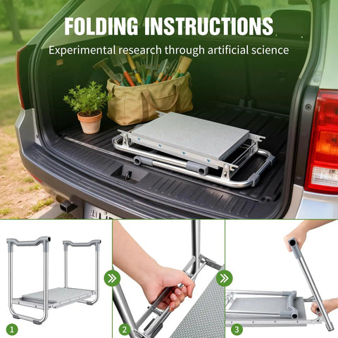 Folded 2 In 1 Garden Kneeler And Seat With Thick Soft Pad And Tool Bag in car trunk showing portability