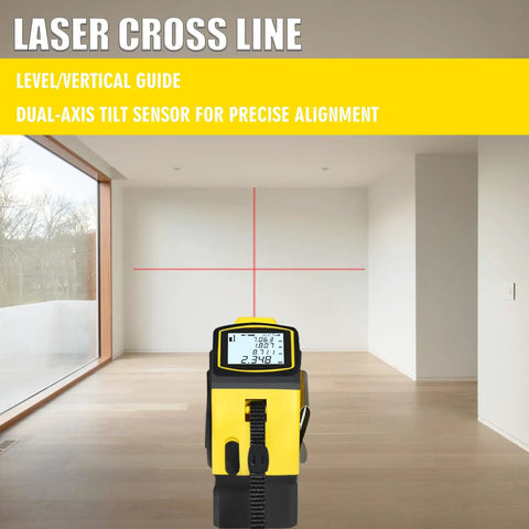 Laser cross line level guide with dual-axis tilt sensor for precise alignment in a bright room.