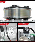 Heavy Duty Air Conditioning Compressor With Clutch Direct Fit Replacement For Honda Cr V And Acura Rdx showcasing pulley, rubber plug, and power plug details.