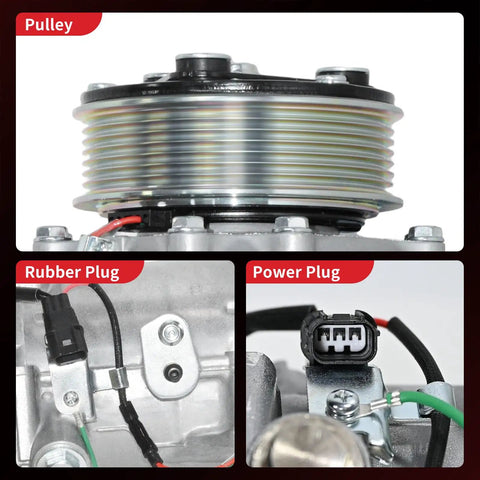 Heavy Duty Air Conditioning Compressor With Clutch Direct Fit Replacement For Honda Cr V And Acura Rdx showcasing pulley, rubber plug, and power plug details.