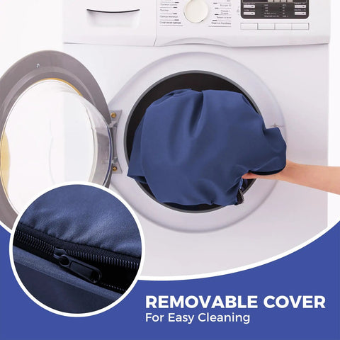 Removable cover of All Weather Outdoor Bench Cushion 48x18x3 Inch Navy Blue Waterproof Seat Pad shown in washing machine for easy cleaning.