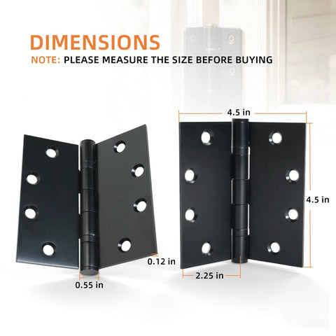 6-Pack Heavy Duty Black Commercial Door Hinges 4.5 By 4.5 Inches Thickened, 304 Stainless Steel With Electroplated Black Finish, Square Corner, Standard Hole Pattern, Built For High Traffic Doors, Durable Professional Grade Hardware. 4.5 in hinge dimensions shown