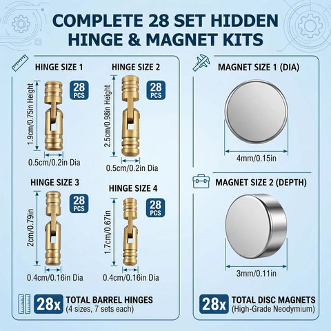 Diagram of hidden barrel hinges with magnets for wooden boxes, featuring various sizes and dimensions, total 28 pieces.
