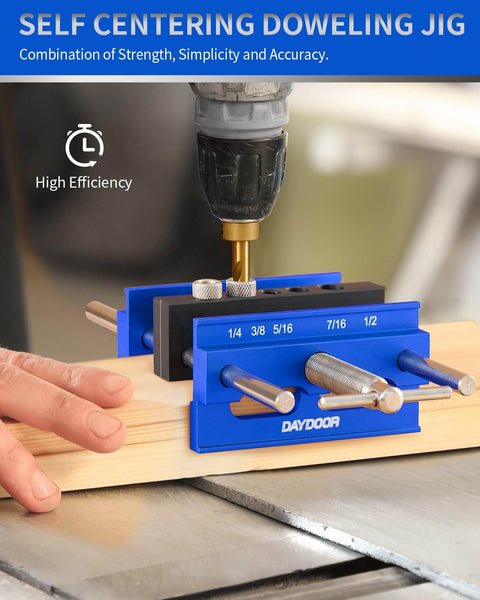 Pro-Grade 6.7 Inch Self Centering Dowel Jig Kit With Wide Capacity Doweling Jig And Drill Guide For Woodworking in use on wood