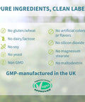 Ingredients label for Red Algae Calcium Magnesium Complex With K2 D3 And Boron, highlighting vegan, non-GMO, and allergen-free features.