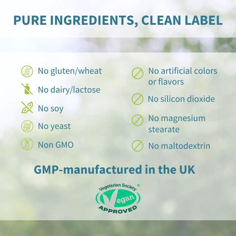 Ingredients label for Red Algae Calcium Magnesium Complex With K2 D3 And Boron, highlighting vegan, non-GMO, and allergen-free features.