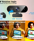 Slick 1080P HD Webcam For PC And Laptop With Dead Quiet Noise Canceling Mic And Plug And Play Setup showing 360-degree rotation and lighting adjustment.